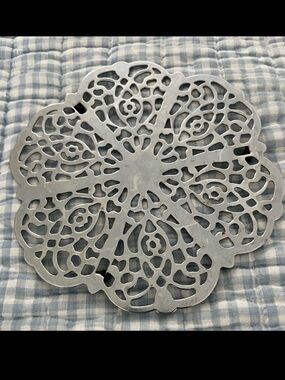 Two Mid-Century Scrollwork Hot Plate Trivets Ornate Silver Retro Filigree Floral